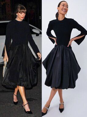 Simkhai Kenlie Black Midi Dress Ribbed Knit Mock Neck Taffeta Taylor Swift L